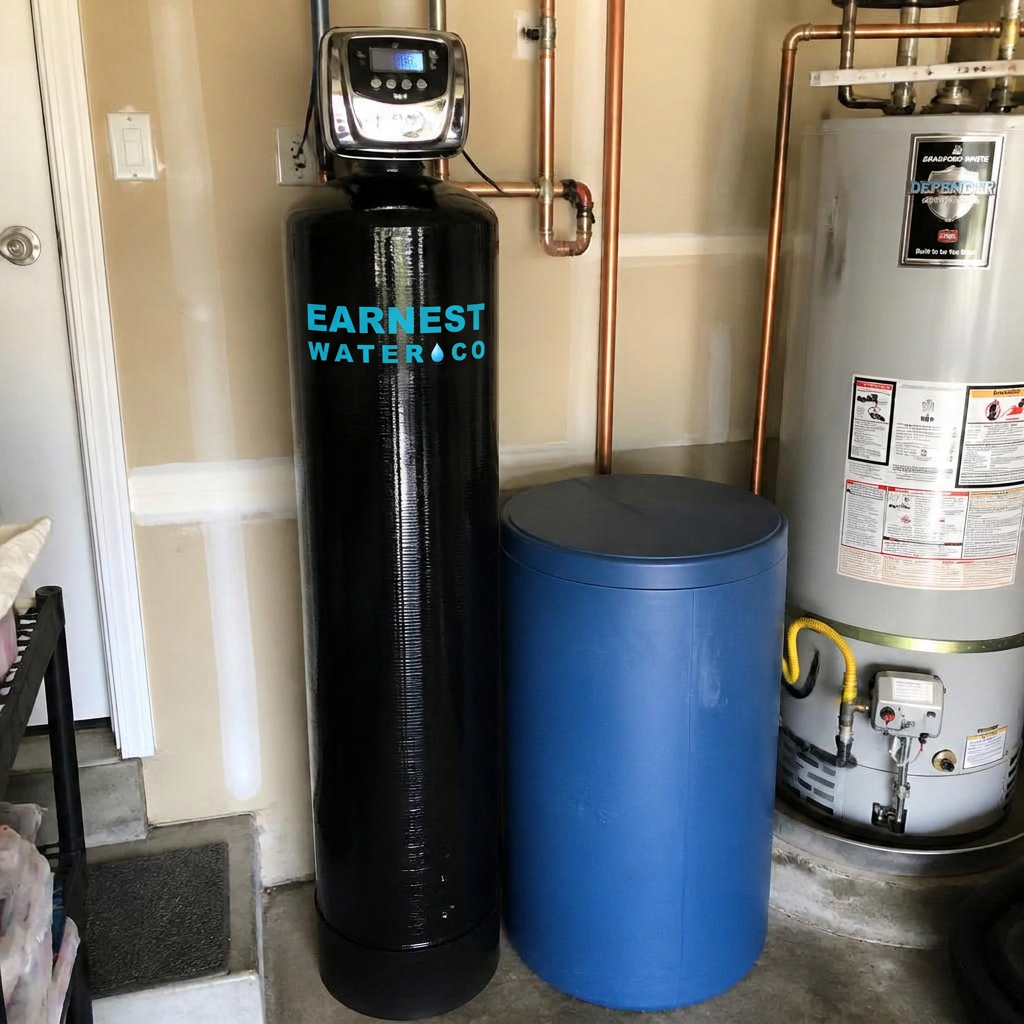 Whole-home softener with brine tank in a garage