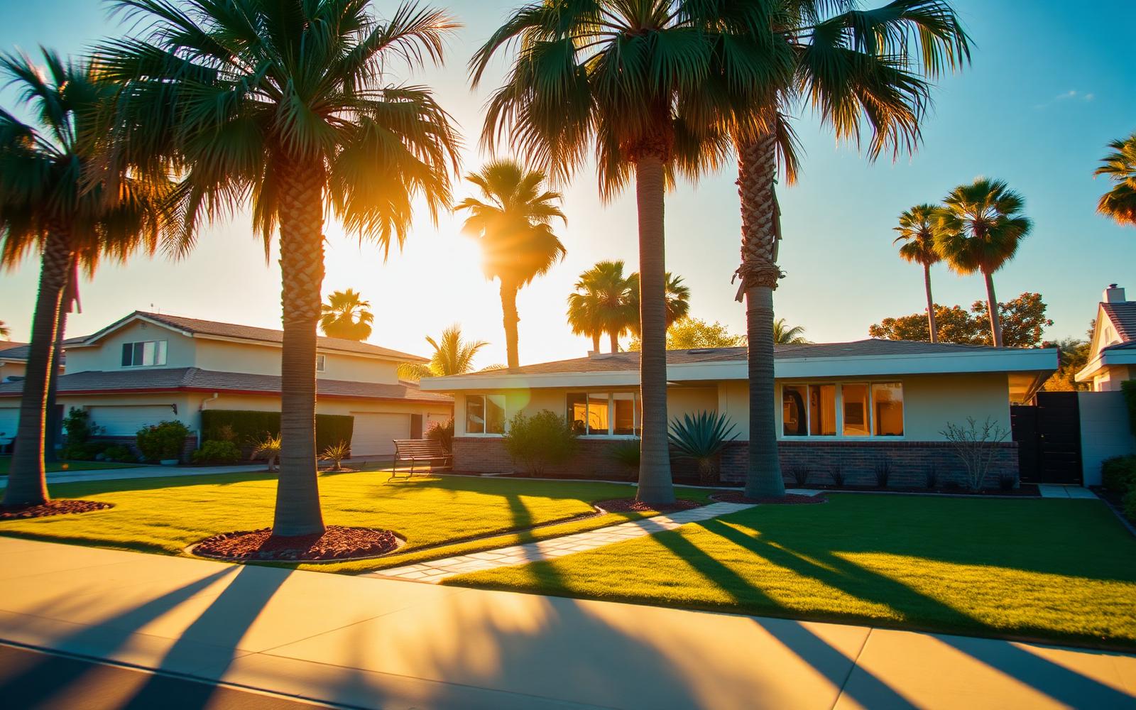 Southern California neighborhood with palm trees at golden hour